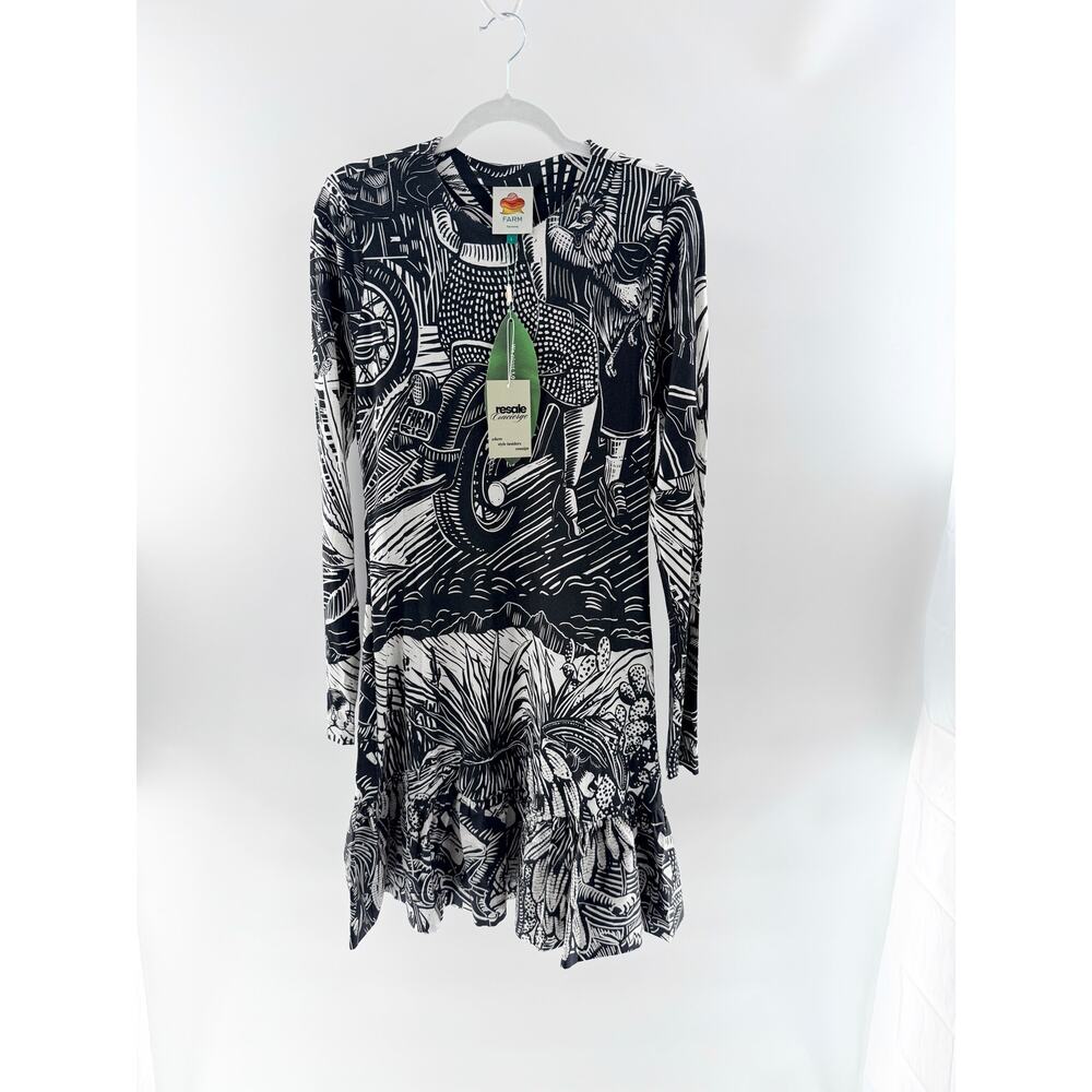NWT FARM Rio Ruta Colorblock Ruffled Hem Mini Dress Black White Womens Large - Picture 2 of 6